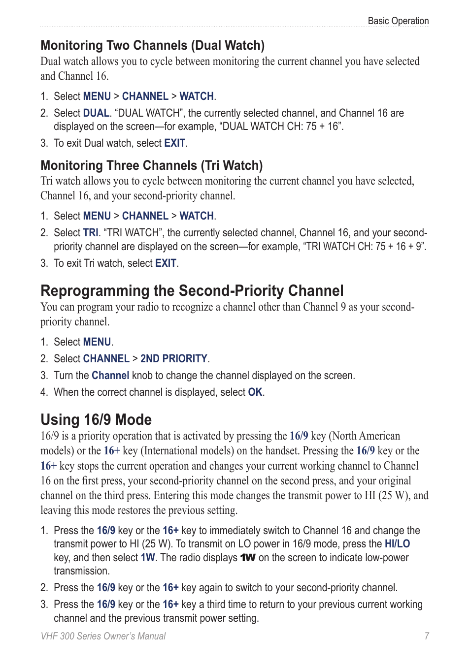Reprogramming the second-priority channel, Using 16/9 mode, Monitoring two channels (dual watch) | Monitoring three channels (tri watch) | Garmin 190-01098-00 User Manual | Page 13 / 62