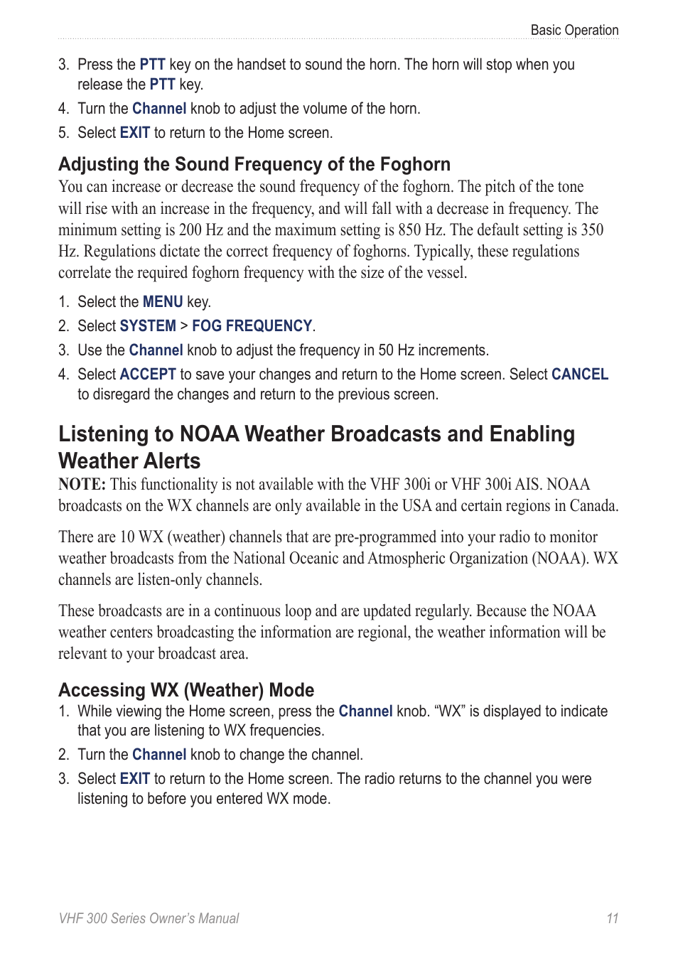 Adjusting the sound frequency of the foghorn, Accessing wx (weather) mode | Garmin 190-01098-00 User Manual | Page 17 / 62