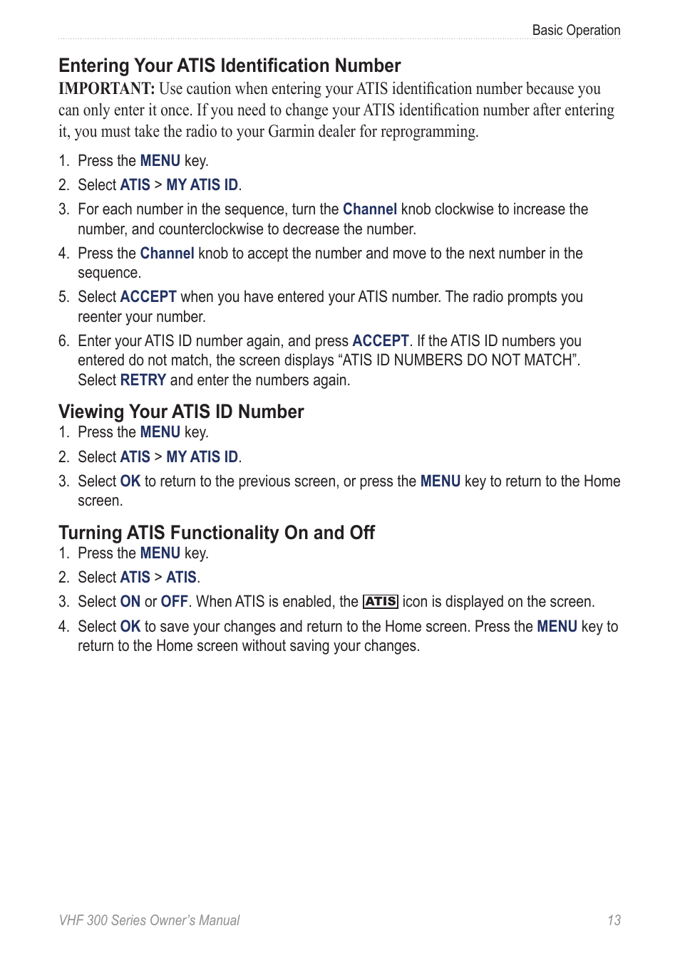 Entering your atis identification number, Viewing your atis id number, Turning atis functionality on and off | Garmin 190-01098-00 User Manual | Page 19 / 62