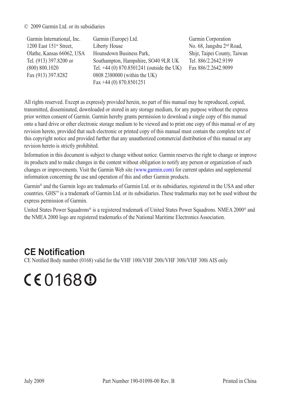 Ce notification | Garmin 190-01098-00 User Manual | Page 2 / 62