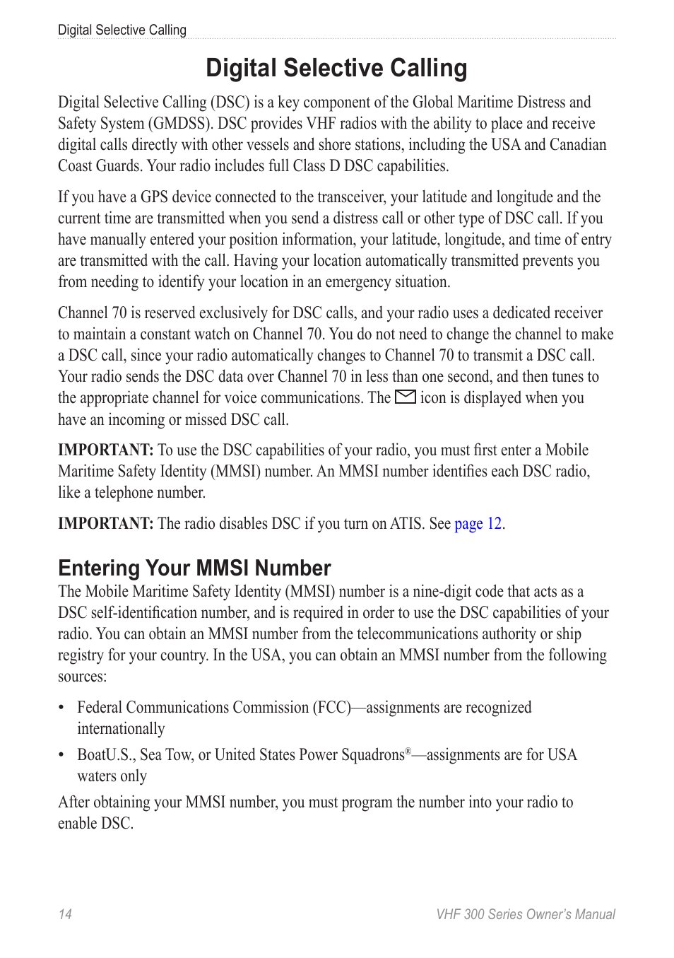 Digital selective calling, Entering your mmsi number | Garmin 190-01098-00 User Manual | Page 20 / 62