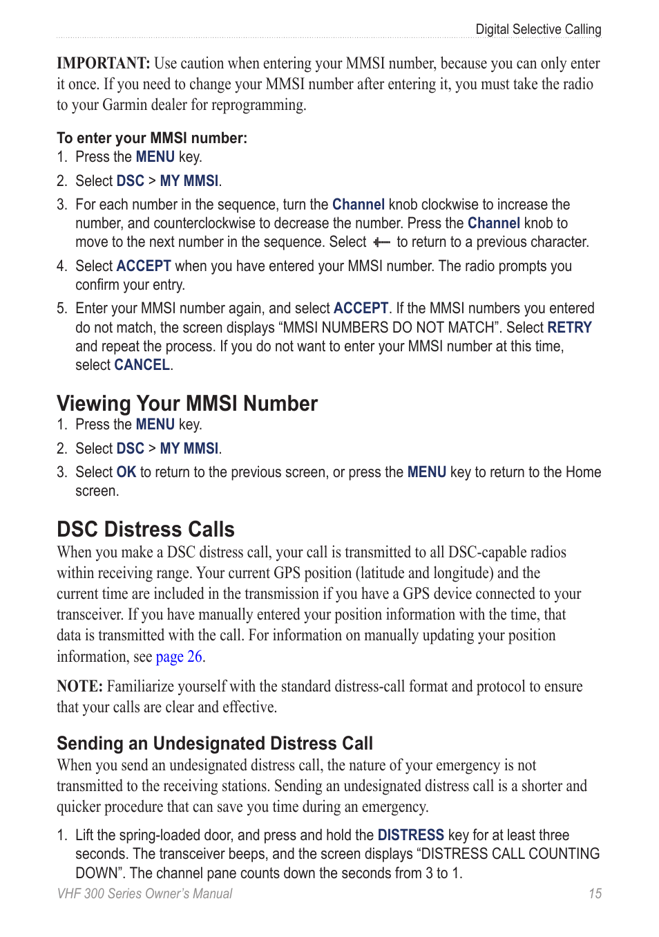 Viewing your mmsi number, Dsc distress calls, Sending an undesignated distress call | Garmin 190-01098-00 User Manual | Page 21 / 62