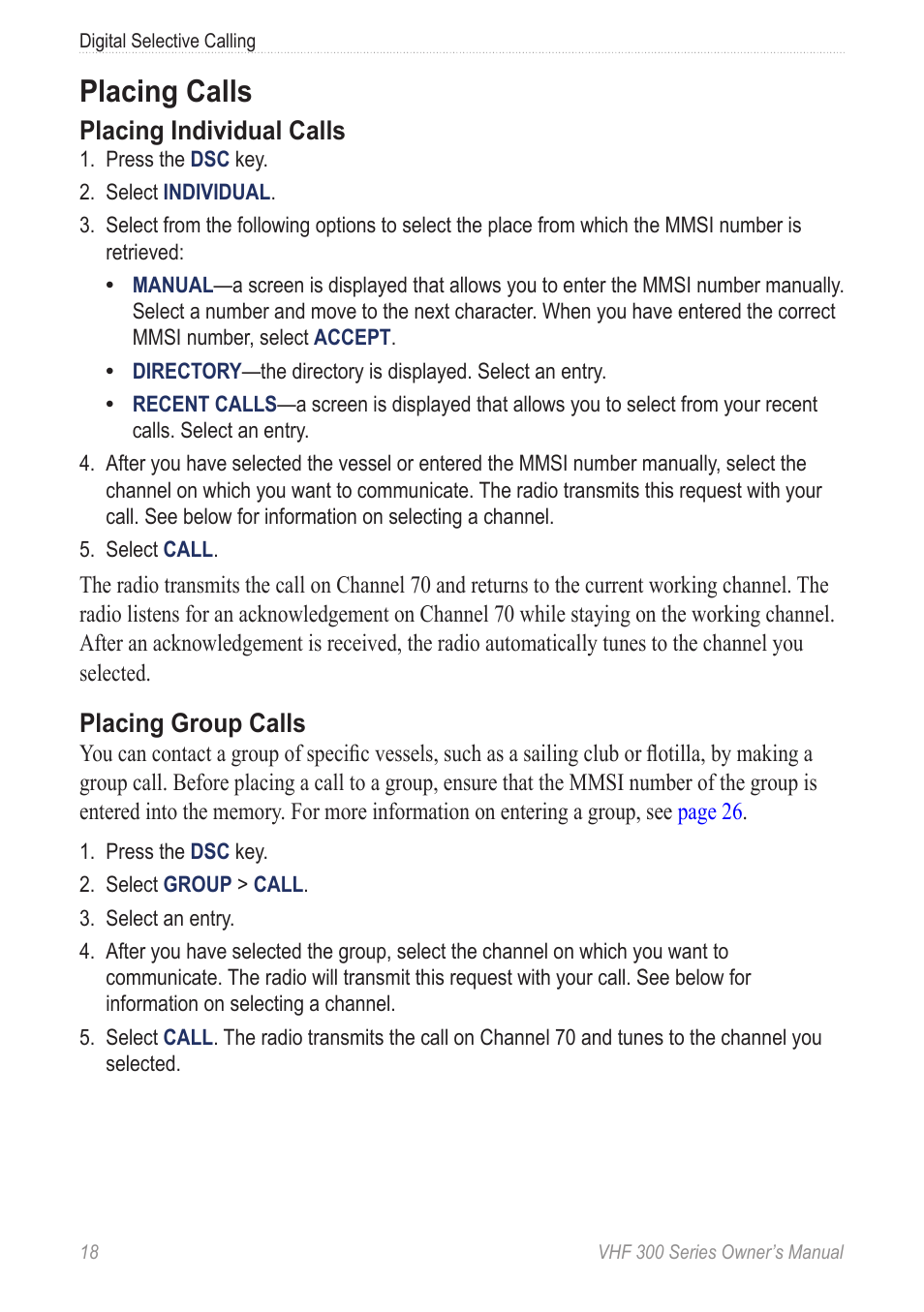 Placing calls, Placing individual calls, Placing group calls | Garmin 190-01098-00 User Manual | Page 24 / 62