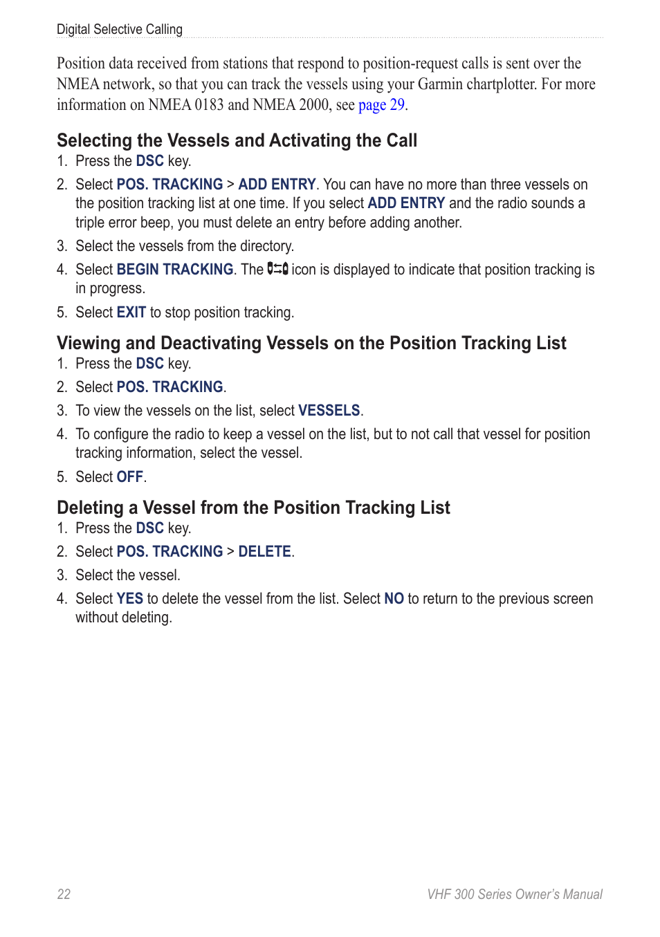 Selecting the vessels and activating the call, Deleting a vessel from the position tracking list | Garmin 190-01098-00 User Manual | Page 28 / 62