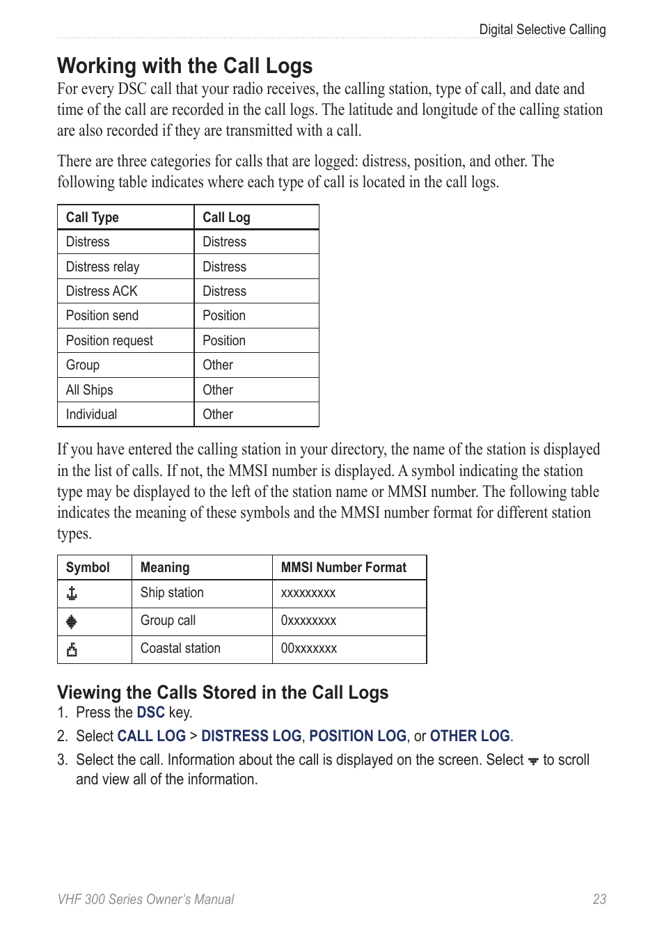 Working with the call logs, Viewing the calls stored in the call logs | Garmin 190-01098-00 User Manual | Page 29 / 62