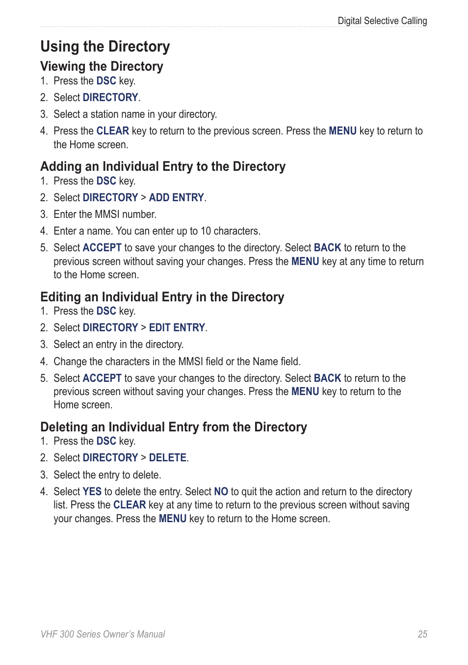 Using the directory, Viewing the directory, Adding an individual entry to the directory | Editing an individual entry in the directory, Deleting an individual entry from the directory | Garmin 190-01098-00 User Manual | Page 31 / 62