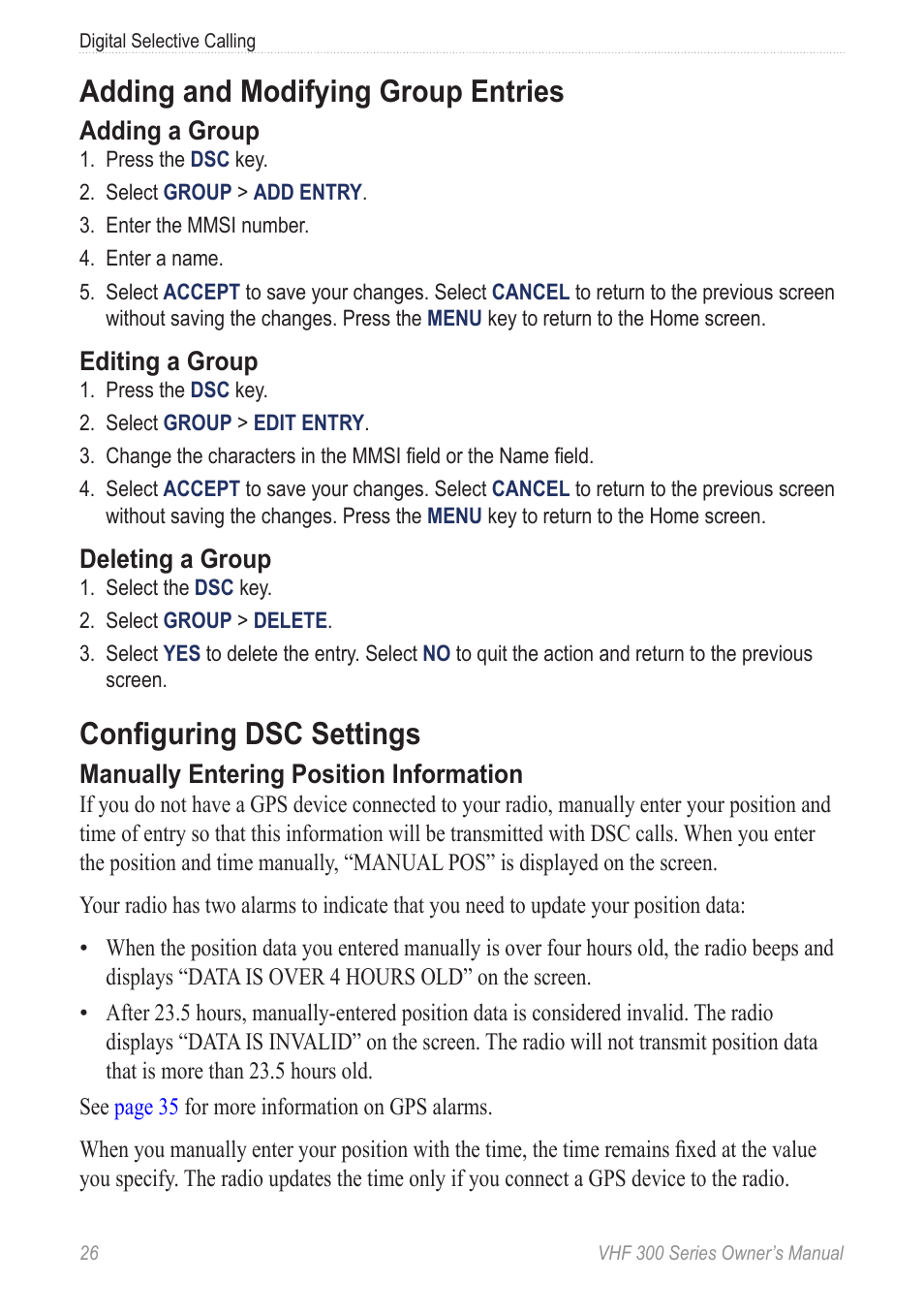Adding and modifying group entries, Configuring dsc settings, Adding a group | Editing a group, Deleting a group, Manually entering position information | Garmin 190-01098-00 User Manual | Page 32 / 62
