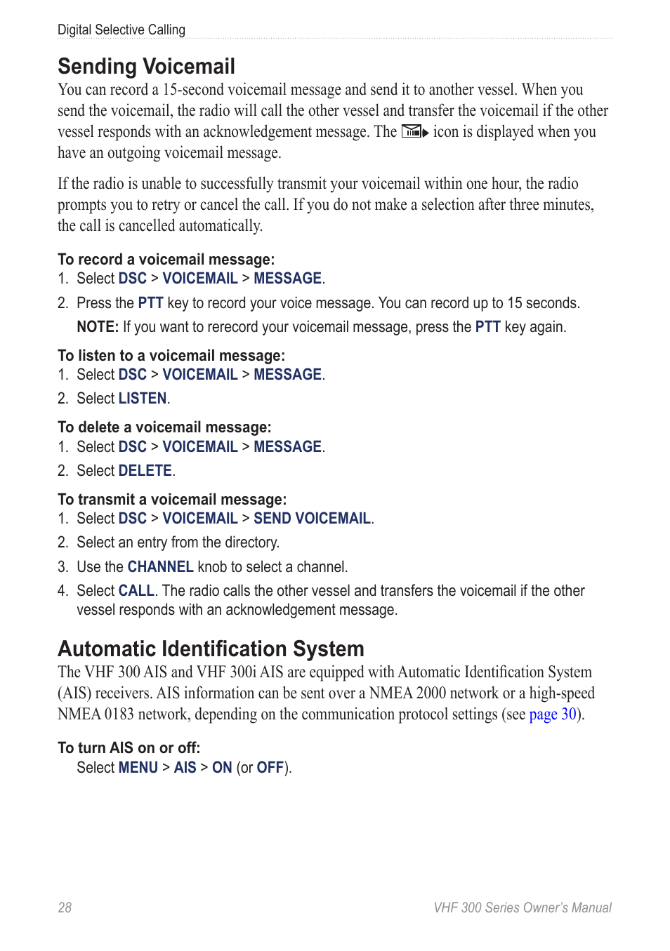 Sending voicemail, Automatic identification system | Garmin 190-01098-00 User Manual | Page 34 / 62