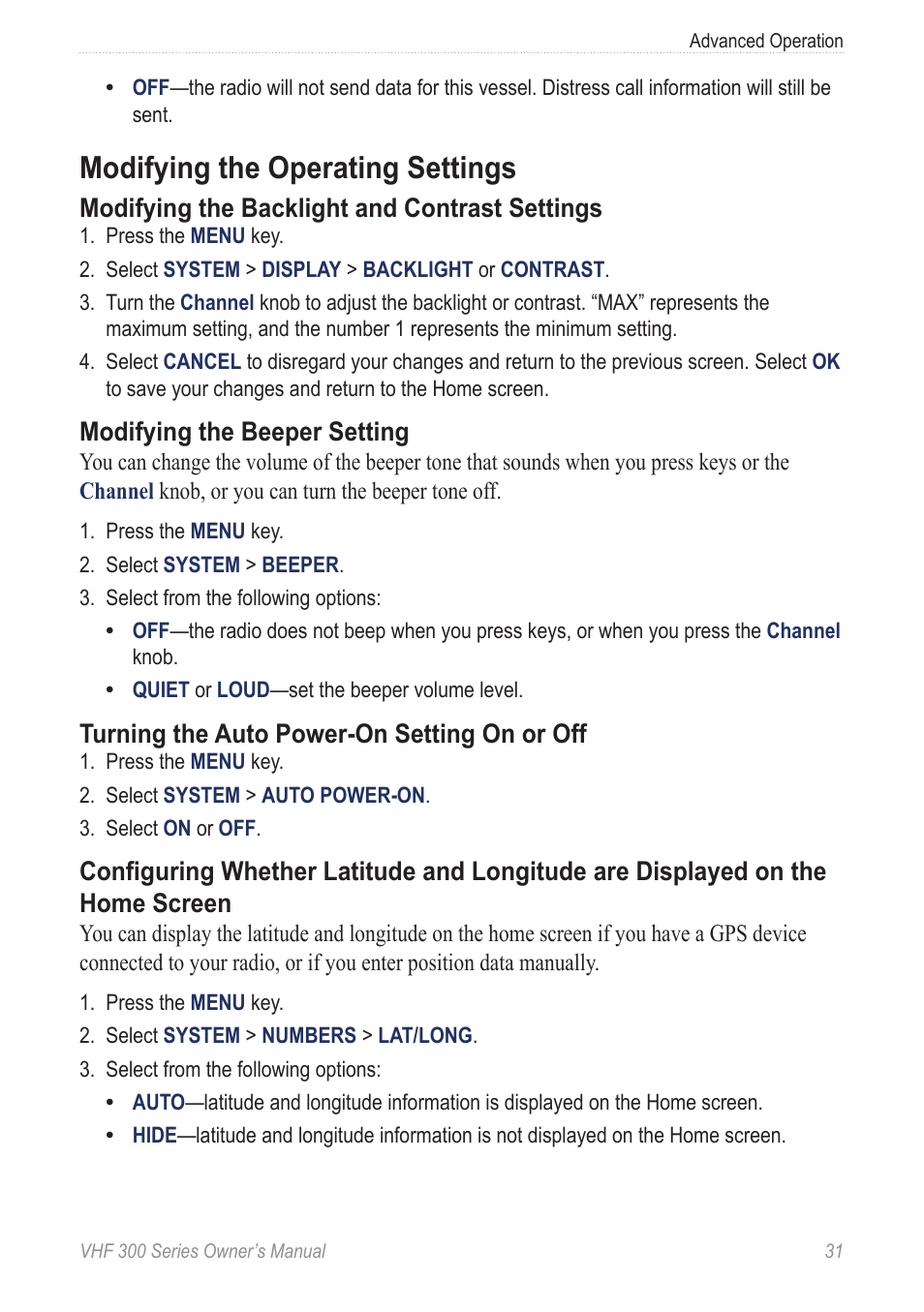 Modifying the operating settings, On, see, Modifying the backlight and contrast settings | Modifying the beeper setting, Turning the auto power-on setting on or off | Garmin 190-01098-00 User Manual | Page 37 / 62