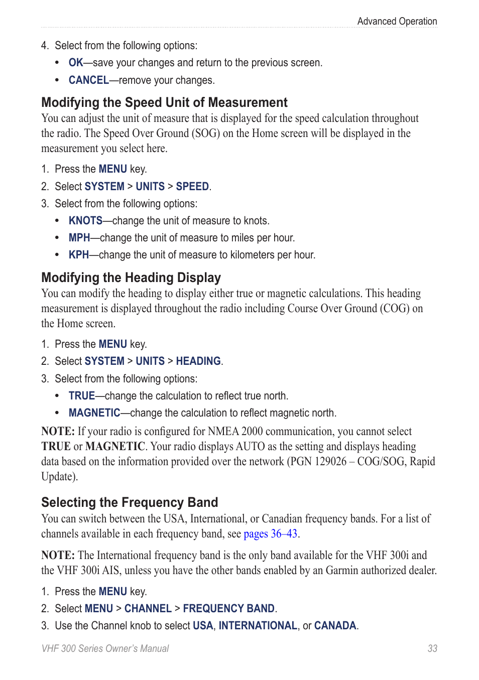 Modifying the speed unit of measurement, Modifying the heading display, Selecting the frequency band | Garmin 190-01098-00 User Manual | Page 39 / 62