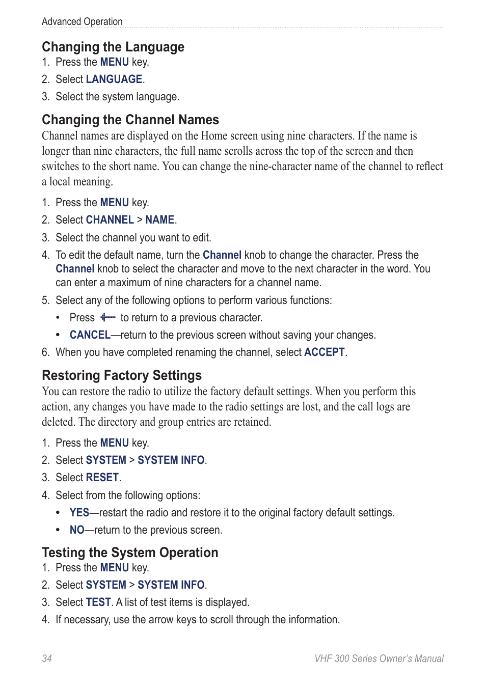 Changing the language, Changing the channel names, Restoring factory settings | Testing the system operation | Garmin 190-01098-00 User Manual | Page 40 / 62