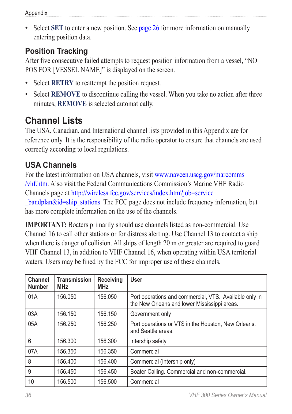 Channel lists, Position tracking, Usa channels | Garmin 190-01098-00 User Manual | Page 42 / 62