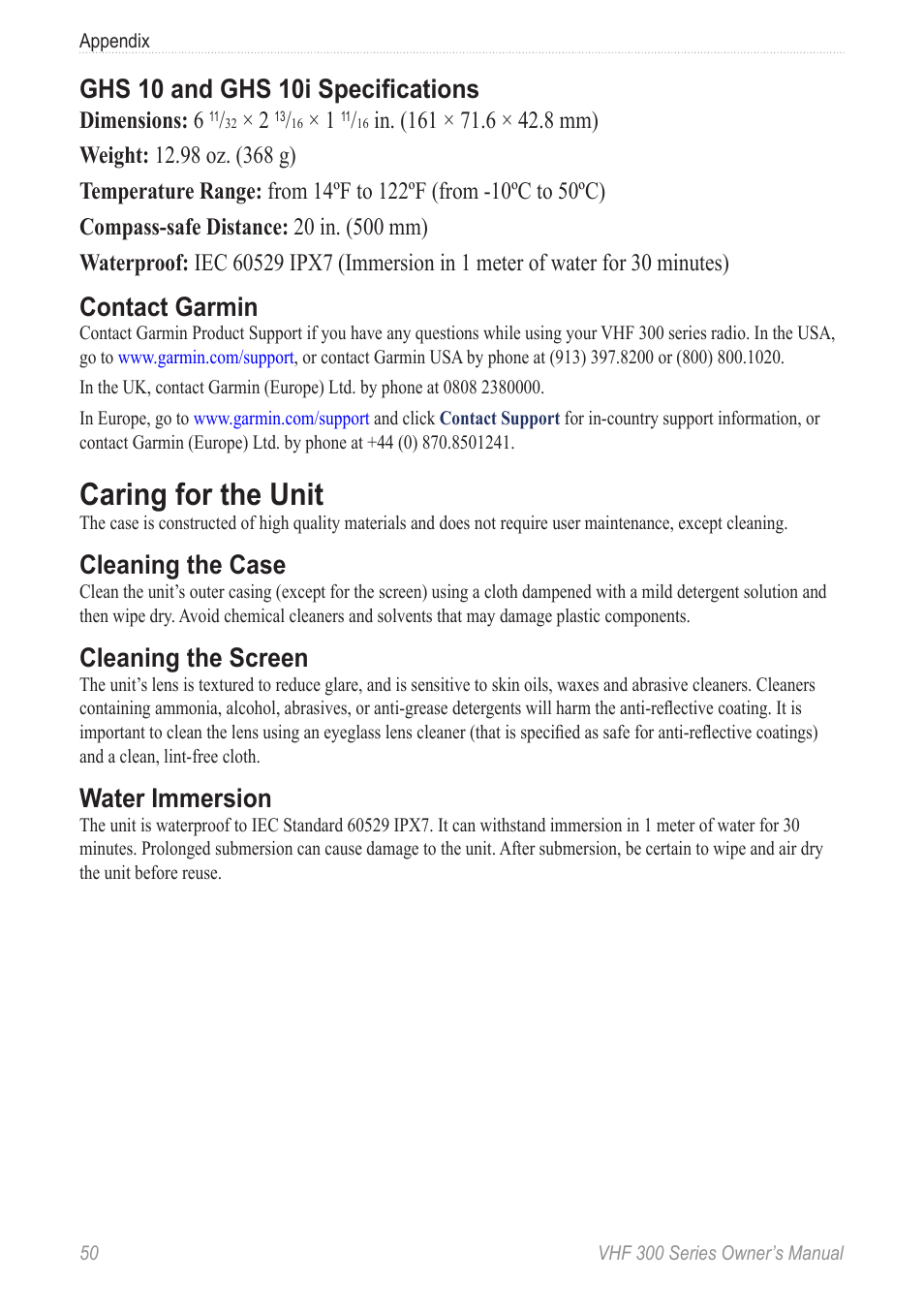 Caring for the unit, Ghs 10 and ghs 10i specifications, Contact garmin | Cleaning the case, Cleaning the screen, Water immersion, Dimensions: 6 | Garmin 190-01098-00 User Manual | Page 56 / 62