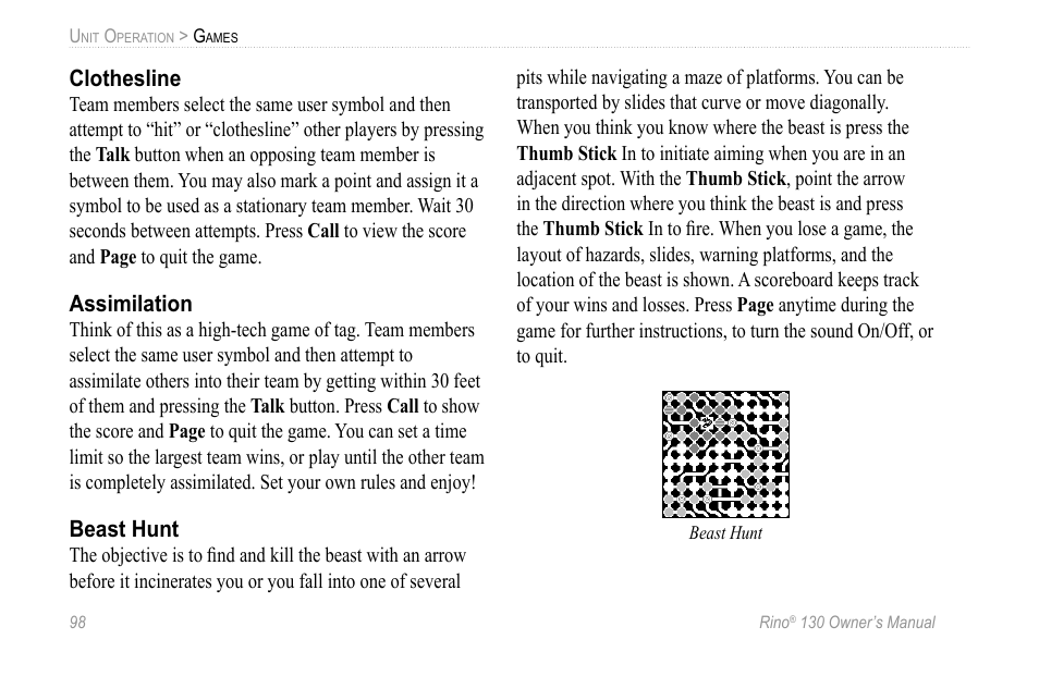 Clothesline, Assimilation, Beast hunt | Garmin 130 User Manual | Page 104 / 132