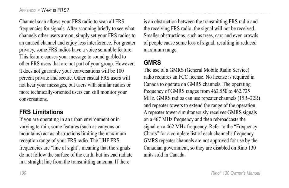 Frs limitations, Gmrs | Garmin 130 User Manual | Page 106 / 132