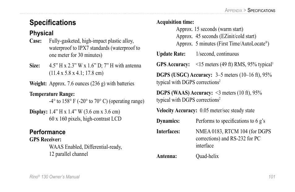 Specifications, Physical, Performance | Speciﬁcations | Garmin 130 User Manual | Page 107 / 132