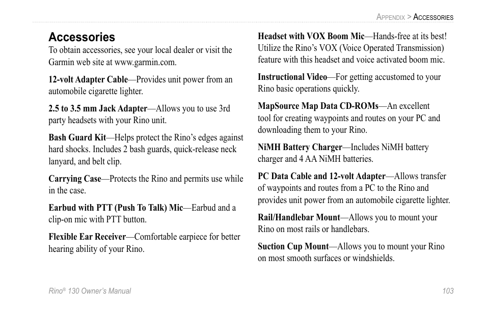 Accessories | Garmin 130 User Manual | Page 109 / 132