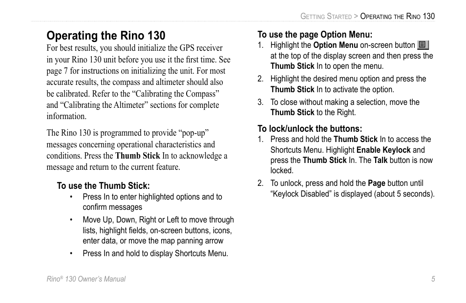 Operating the rino 130 | Garmin 130 User Manual | Page 11 / 132