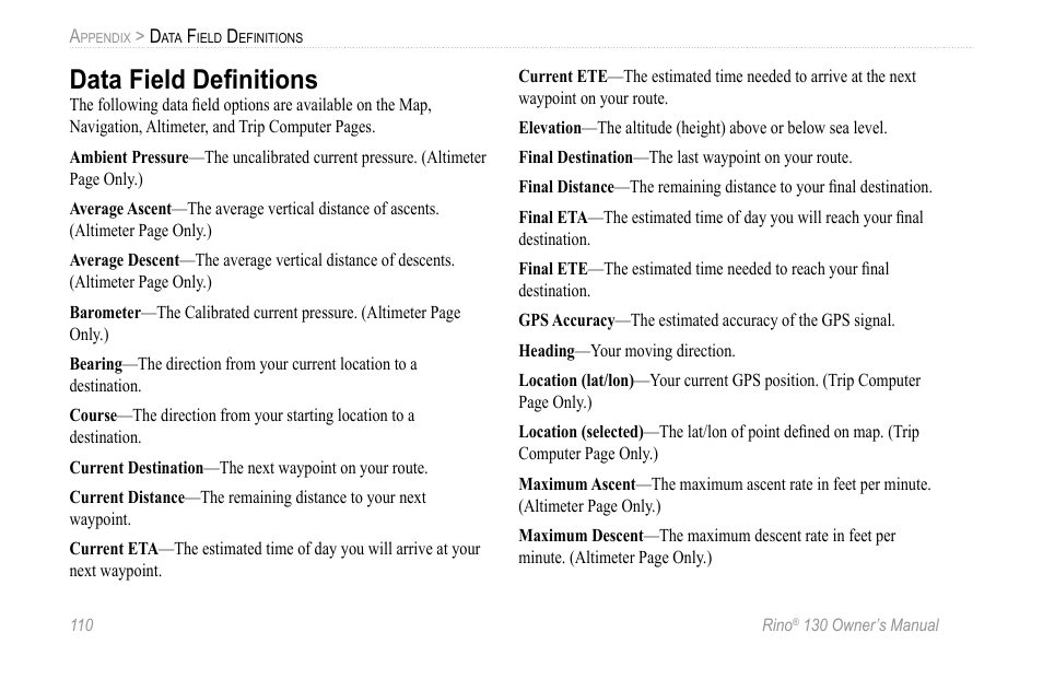 Data field definitions, Data field deﬁnitions | Garmin 130 User Manual | Page 116 / 132