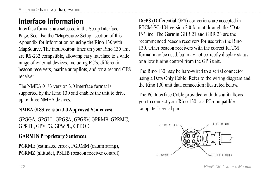 Interface information | Garmin 130 User Manual | Page 118 / 132