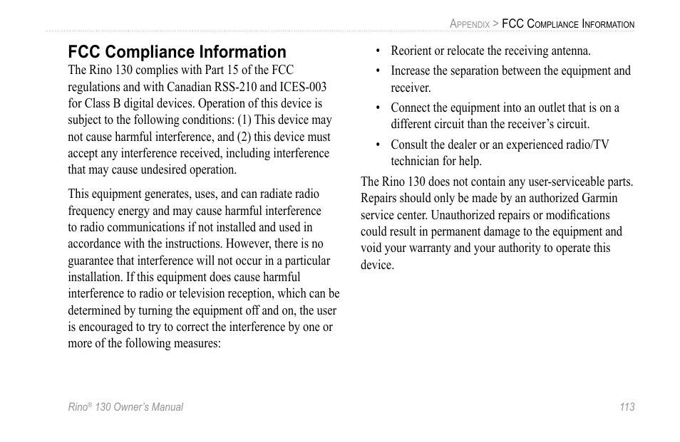 Fcc compliance information | Garmin 130 User Manual | Page 119 / 132