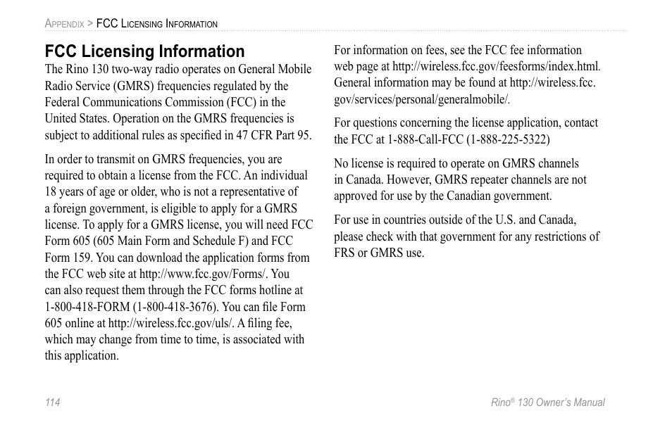 Fcc licensing information | Garmin 130 User Manual | Page 120 / 132