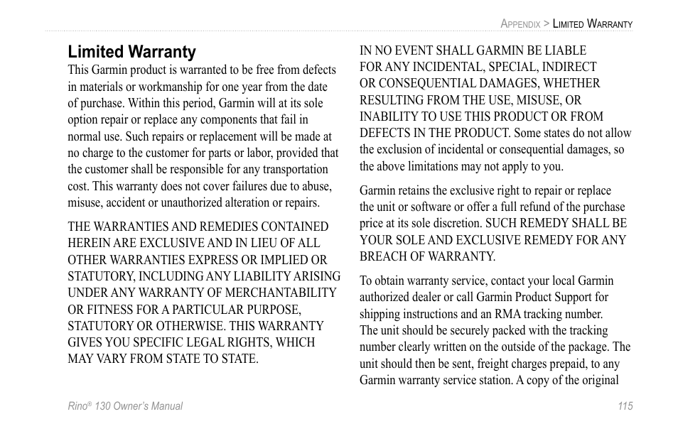 Limited warranty | Garmin 130 User Manual | Page 121 / 132