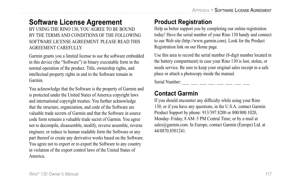 Software license agreement, Product registration, Contact garmin | Garmin 130 User Manual | Page 123 / 132