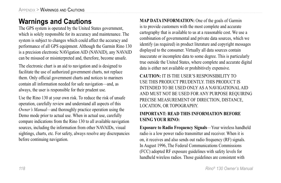 Warnings and cautions | Garmin 130 User Manual | Page 124 / 132