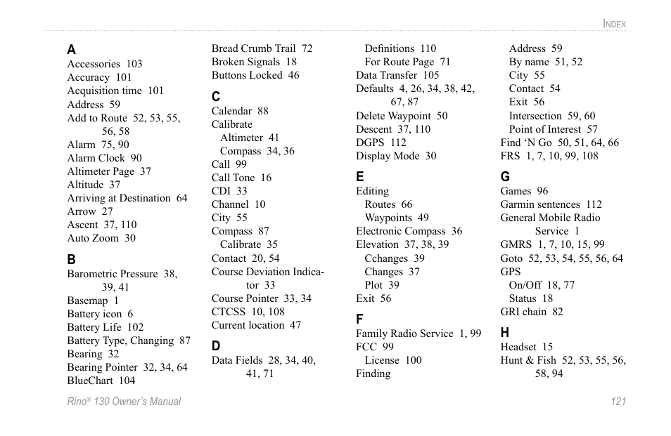 Index | Garmin 130 User Manual | Page 127 / 132