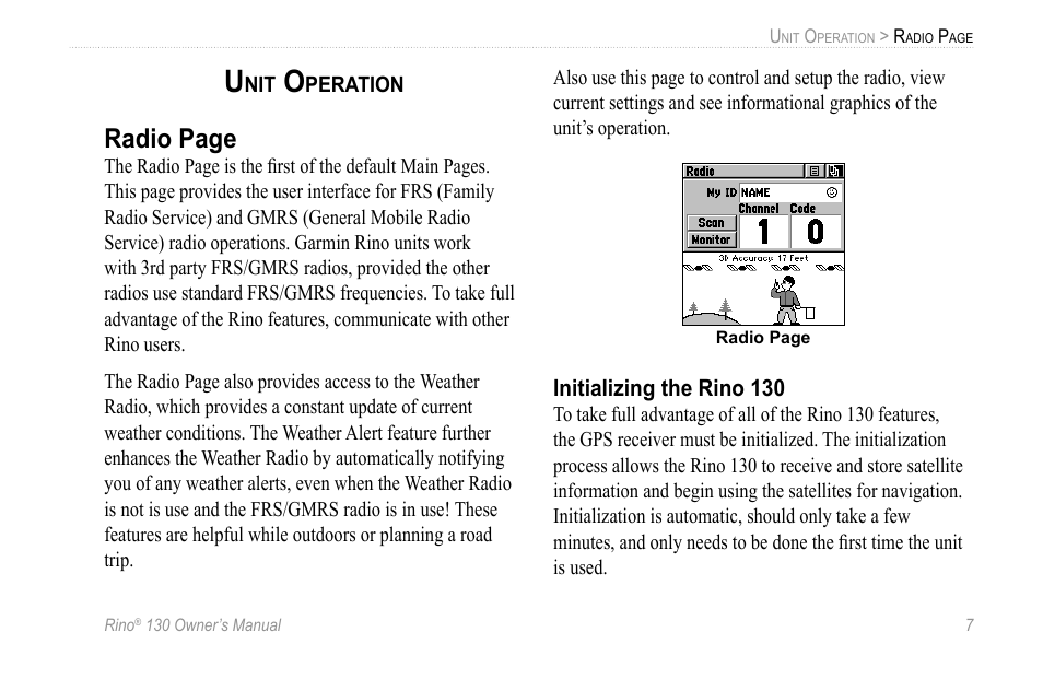 Unit operation, Initializing the rino 130, Radio page | Garmin 130 User Manual | Page 13 / 132