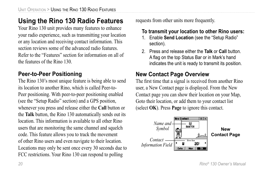 Using the rino 130 radio features, Peer-to-peer positioning | Garmin 130 User Manual | Page 26 / 132