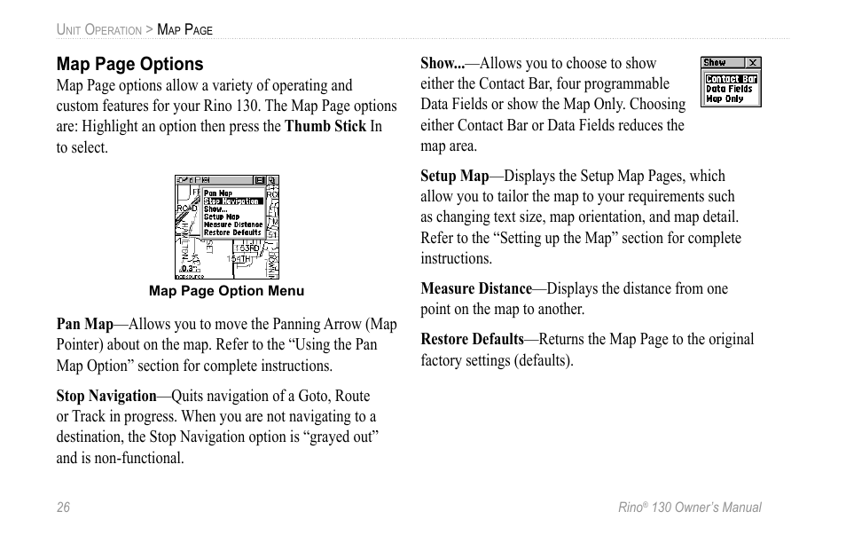 Map page options | Garmin 130 User Manual | Page 32 / 132