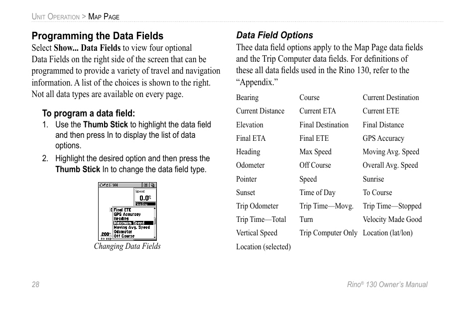 Programming the data fields | Garmin 130 User Manual | Page 34 / 132