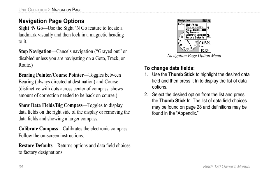 Navigation page options | Garmin 130 User Manual | Page 40 / 132