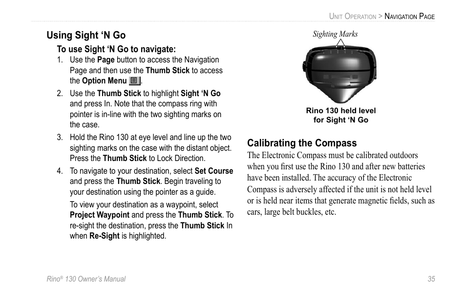 Using sight ‘n go, Calibrating the compass | Garmin 130 User Manual | Page 41 / 132