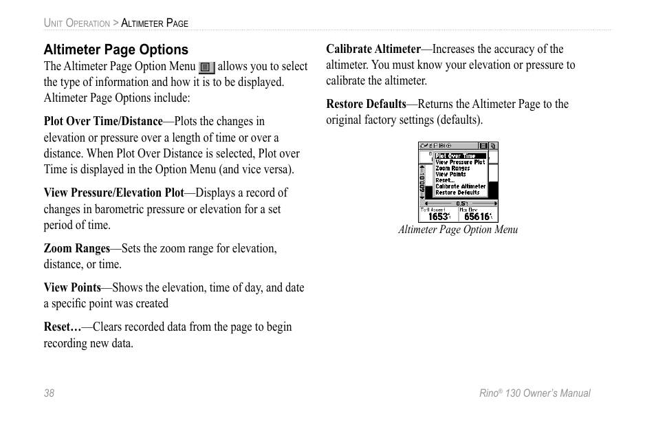 Altimeter page options | Garmin 130 User Manual | Page 44 / 132