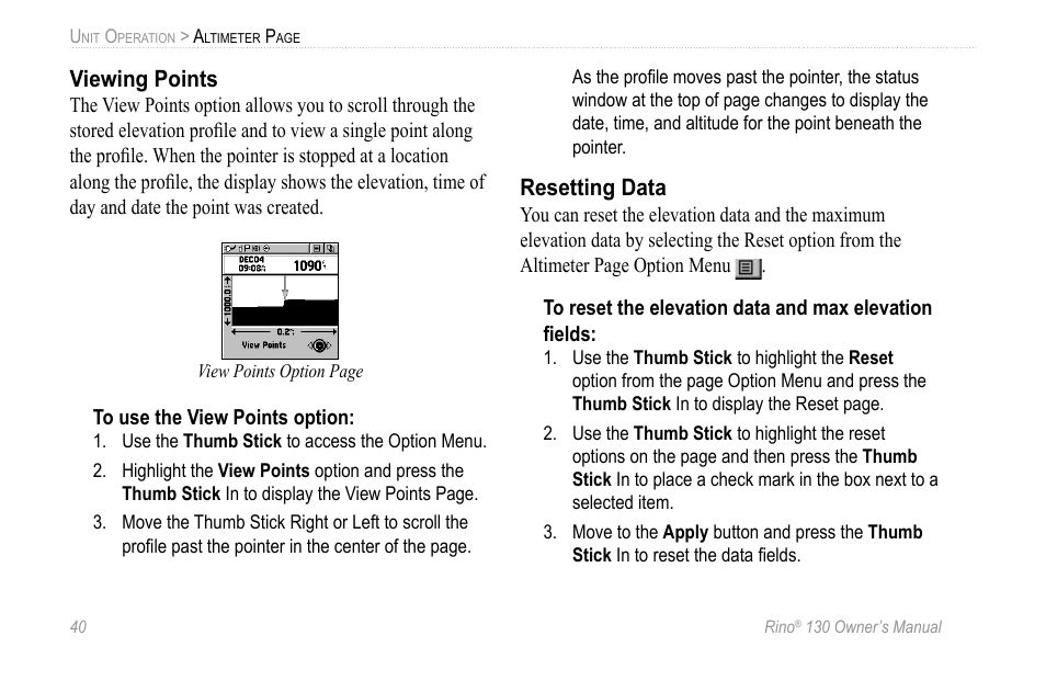 Viewing points, Resetting data | Garmin 130 User Manual | Page 46 / 132