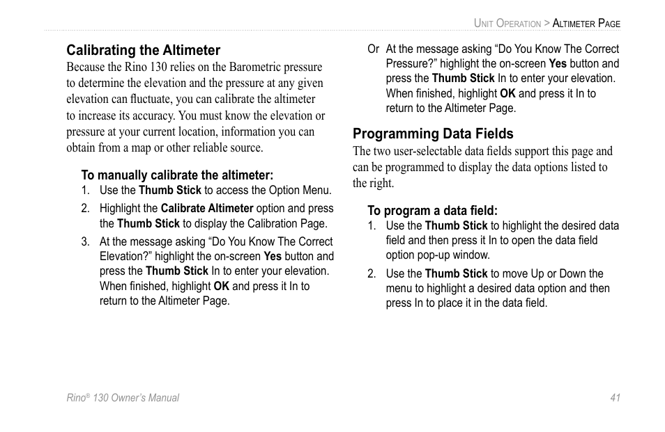 Calibrating the altimeter, Programming data fields | Garmin 130 User Manual | Page 47 / 132