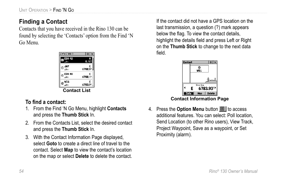 Finding a contact | Garmin 130 User Manual | Page 60 / 132