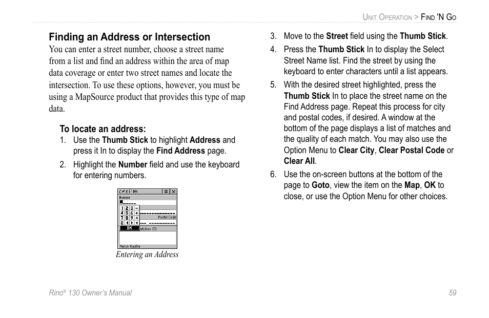 Finding an address or intersection | Garmin 130 User Manual | Page 65 / 132