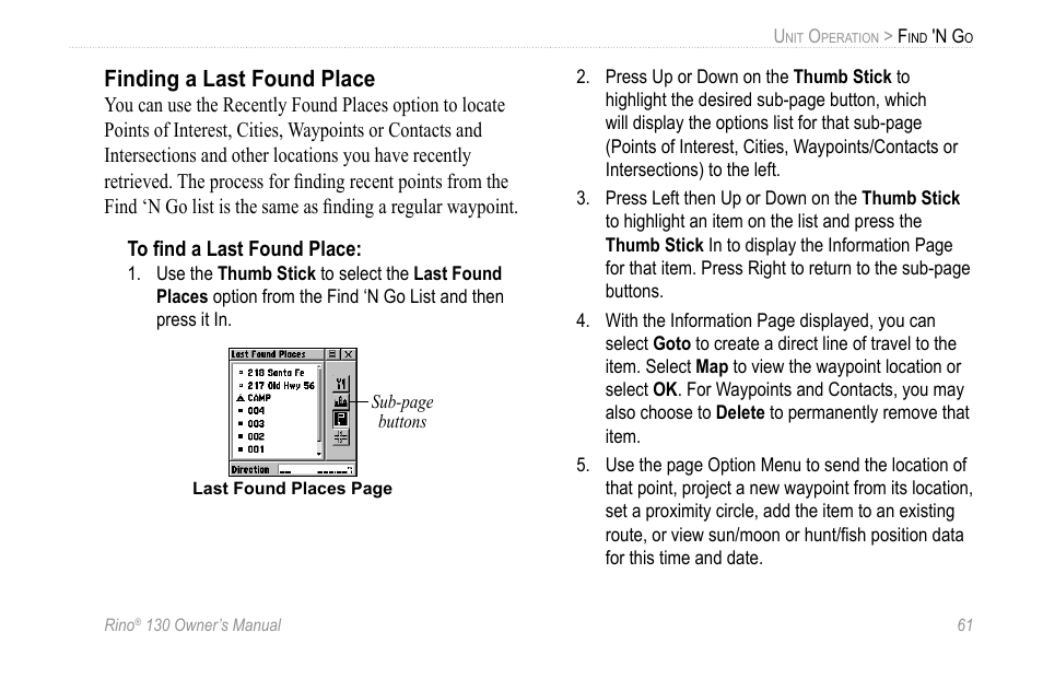 Finding a last found place | Garmin 130 User Manual | Page 67 / 132