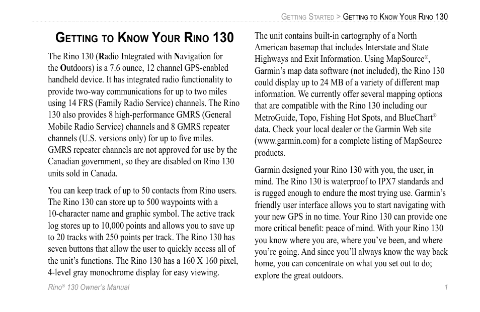 Getting to know your rino 130 | Garmin 130 User Manual | Page 7 / 132