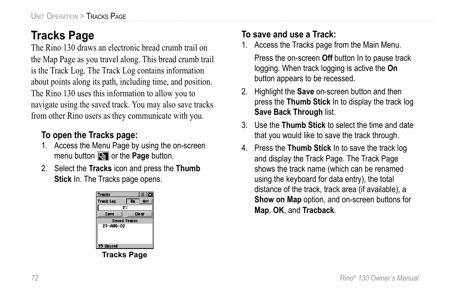 Tracks page | Garmin 130 User Manual | Page 78 / 132