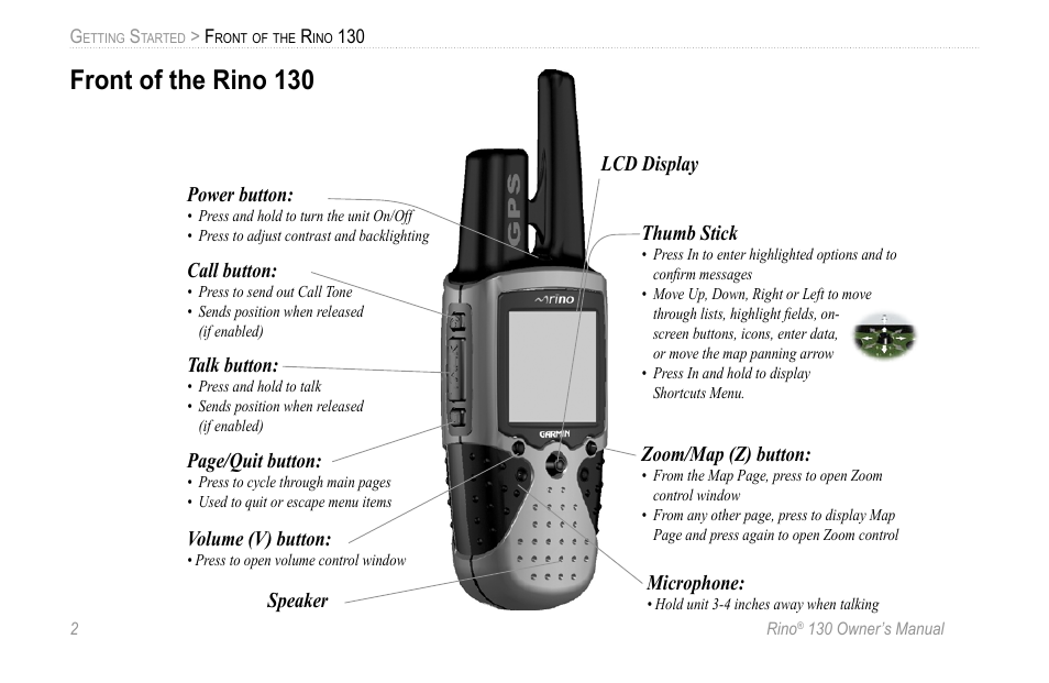 Front of the rino 130 | Garmin 130 User Manual | Page 8 / 132