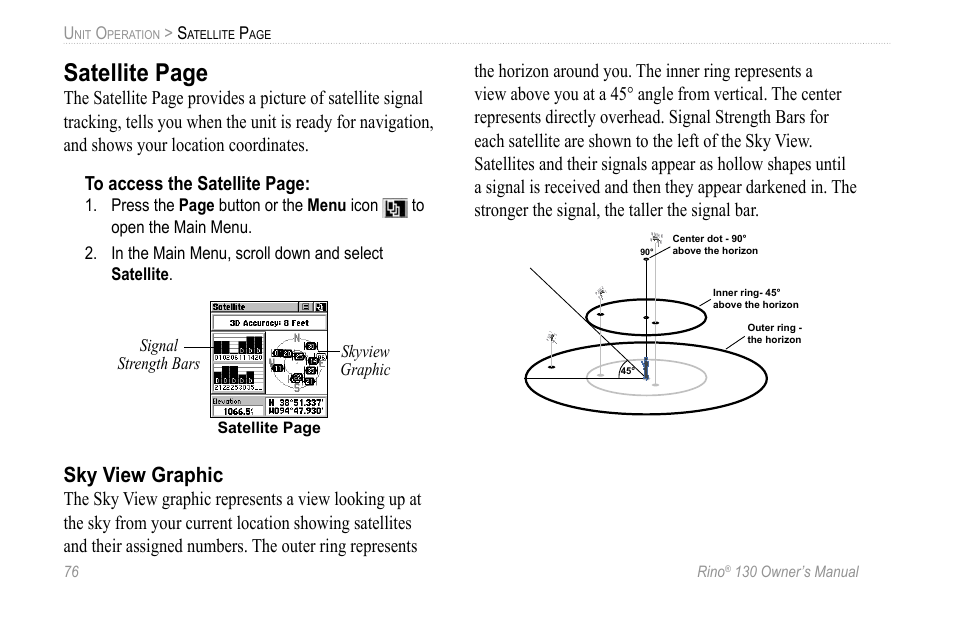 Sky view graphic, Satellite page | Garmin 130 User Manual | Page 82 / 132