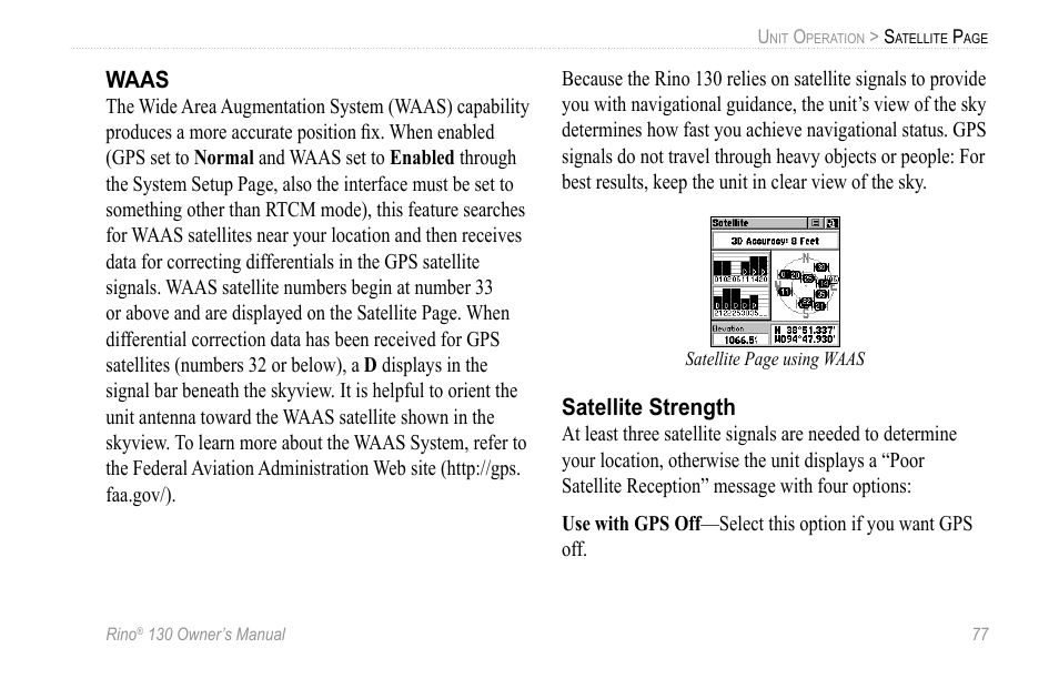 Waas, Satellite strength | Garmin 130 User Manual | Page 83 / 132