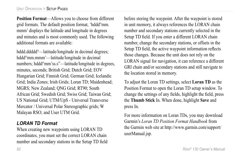 Loran td format | Garmin 130 User Manual | Page 88 / 132