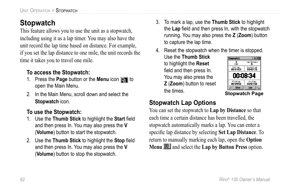 Stopwatch, Stopwatch lap options | Garmin 130 User Manual | Page 98 / 132