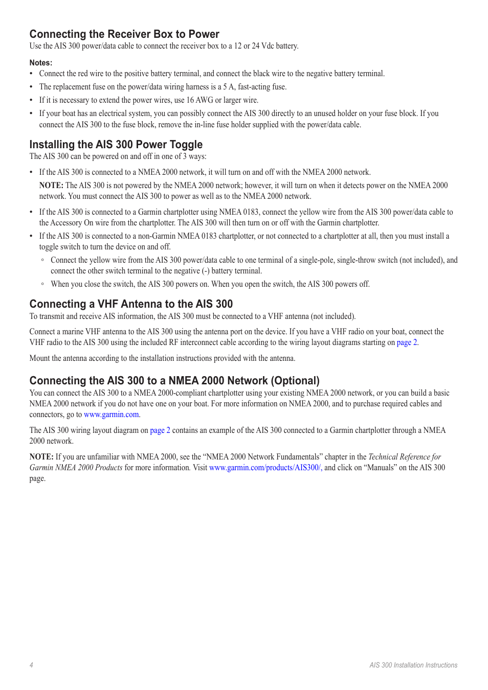 Connecting the receiver box to power, Installing the ais 300 power toggle, Connecting a vhf antenna to the ais 300 | Garmin 190-01178-00 User Manual | Page 4 / 8